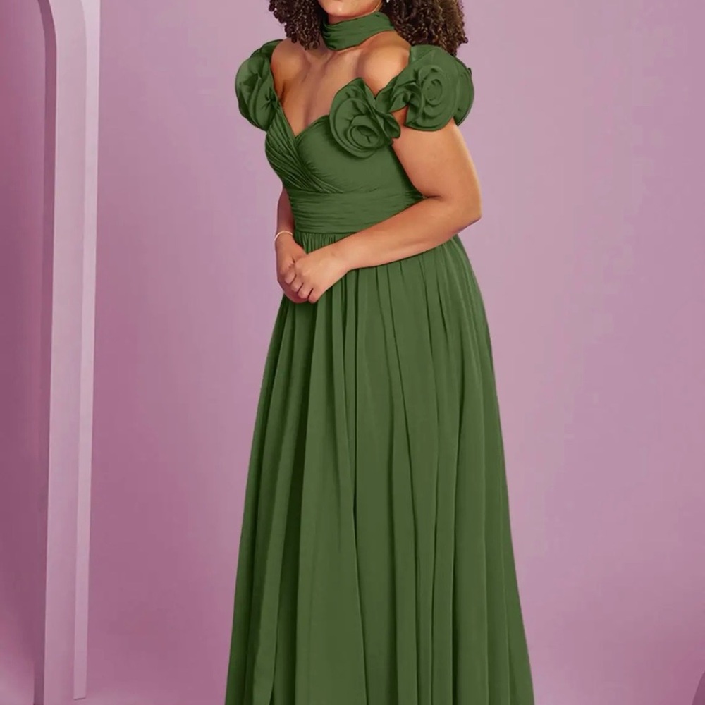 Barbie by Azazie A-Line Off Shoulder Chiffon Convertible Dress Olive Green NWT - Picture 2 of 11